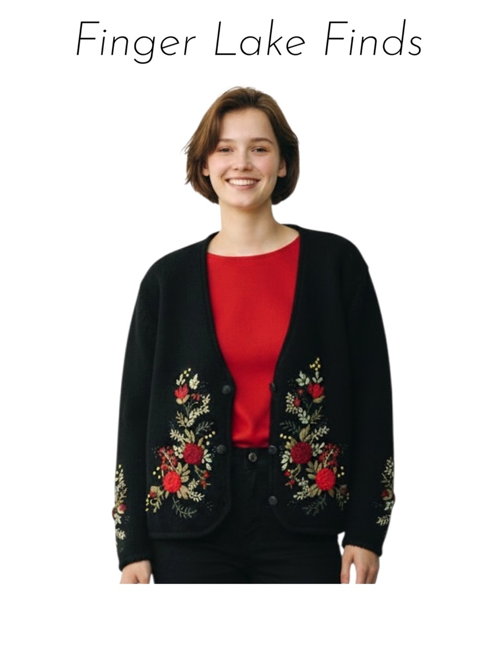 Vintage Susan Bristol Black Wool Embroidered Floral Women’s Cardigan, MP